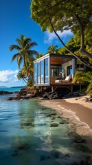 Fototapeta premium Modern beach house with large glass windows and a beautiful ocean view