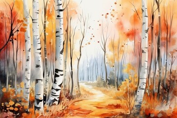  a painting of a path through a forest with trees painted in orange and yellow colors on the sides of the trees is a dirt path that leads to the left side of the path.