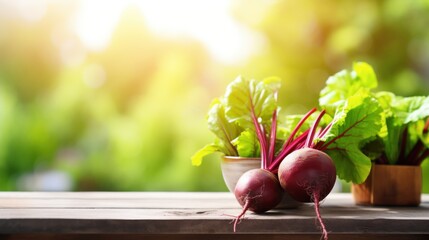  a couple of radishes sitting on top of a wooden table next to a potted leafy plant on top of a wooden table in front of a blurry background. - obrazy, fototapety, plakaty