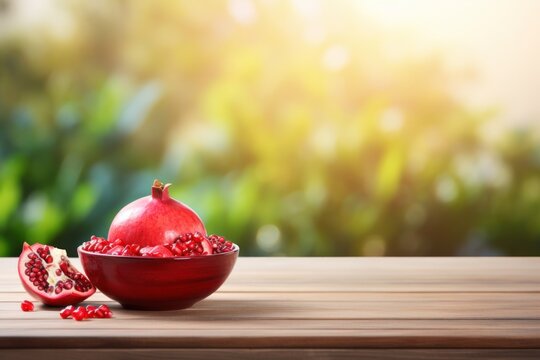  a pomegranate cut in half in a bowl on a wooden table with sunlight shining through the leaves of a tree in the backgrounberry background.