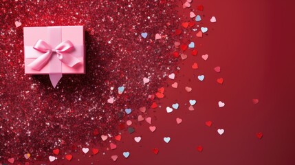Valentines day background banner on pink and red glitter with gifts box, red and pink hearts background