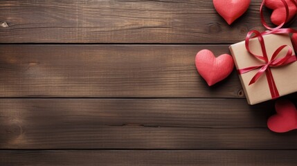 Valentines day background banner, wooden texture background with red hearts and gifts