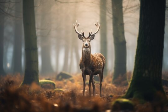  a deer standing in the middle of a forest with lots of trees and leaves on both sides of it's face and it's antlers in the foreground.