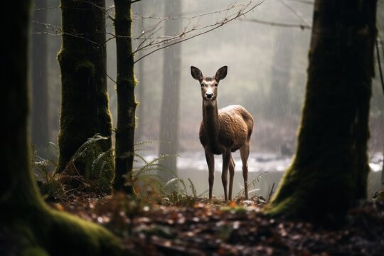  a deer standing in the middle of a forest in the middle of a foggy day with trees in the foreground and a body of water in the background.