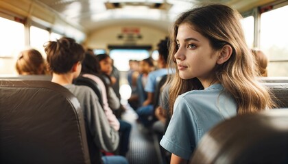 School bus interior with young teenagers traveling to school - obrazy, fototapety, plakaty