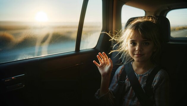 Child's happiness in car backseat, road trip adventure, cheerful travel