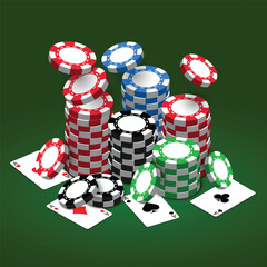 Casino gambling pokers cards with casino chips on green background vector