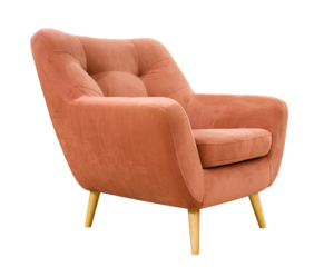 Comfortable coral pink armchair with wooden legs isolated on white background.