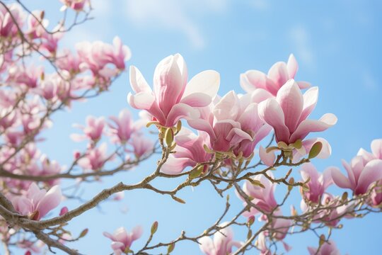  pink flowers blooming on a tree branch against a blue sky with wispy wispy wispy clouds in the backgrund of the sky.