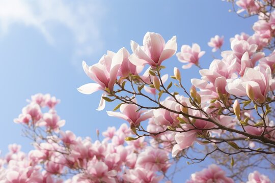  a close up of pink flowers on a tree with a blue sky in the background with a few wispy clouds in the sky above the branches and in the foreground.