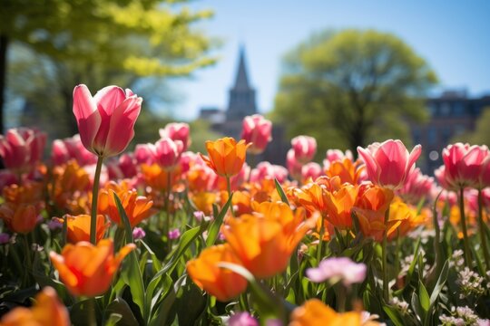 a field of pink and orange tulips with a church in the backgroup of the picture in the distance with a blue sky in the background.