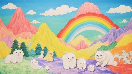  a painting of a group of polar bears in front of a mountain landscape with a rainbow in the sky and a rainbow in the sky above the mountain range with clouds.
