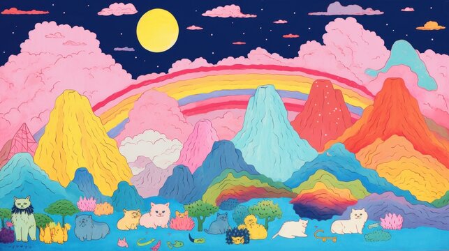  a painting of a landscape with mountains, clouds, and cats in the foreground, and a rainbow in the background, with a full moon in the sky.