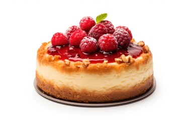  a cheesecake with raspberries on top of it on a plate on a white background with a green leaf on top of the top of the cheesecake.