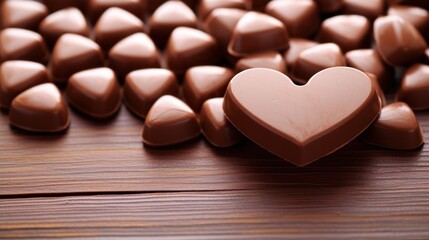  a heart shaped chocolate candy sitting on top of a wooden table next to a pile of smaller chocolate candies in the shape of a heart on top of a wooden table.