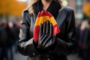 Close up of a woman in a black leather jacket holding a folded Spanish flag - obrazy, fototapety, plakaty