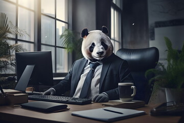 business panda bear in suit sitting at a table in office, Generative AI
