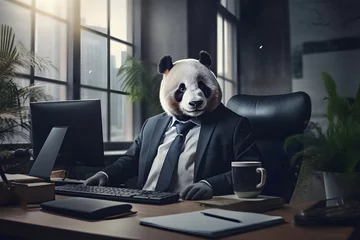 Foto auf Alu-Dibond business panda bear in suit sitting at a table in office, Generative AI © dobok