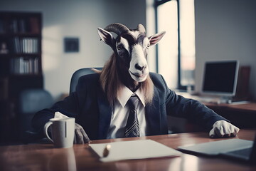 business goat in suit sitting at a table in office, Generative AI - obrazy, fototapety, plakaty