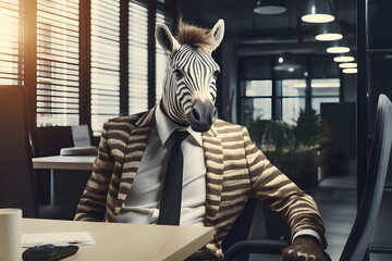 Fototapeta na wymiar business zebra in suit sitting at a table in office, Generative AI