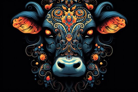  a painting of a cow's face with ornate designs on it's face and a decorative pattern on the cow's face, on a black background.