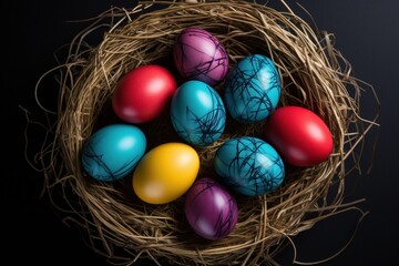 Fototapeta na wymiar a bird nest filled with colored eggs on top of a black background with the words happy easter written across the top of the eggs in the center of the nest.