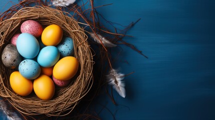  a bird's nest filled with colored eggs on top of a blue background with a feather on the side of the nest and a white feather on the side of the nest.