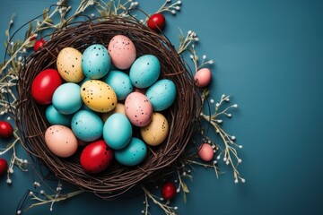  a bird's nest filled with eggs sitting on top of a blue surface next to red and yellow eggs on top of a twiggy branch with white flowers. - obrazy, fototapety, plakaty