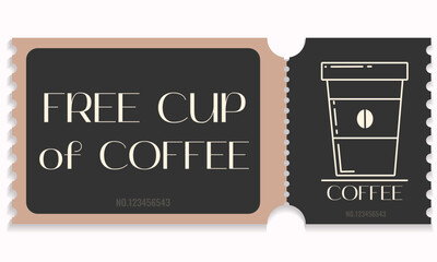 Free coffee cup voucher template.Gift voucher coupon coffee cafe.Hot beverage for free.Promotion,happy hour,opening concept with date,time and place.Vector illustration EPS 10.