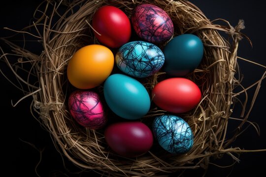  a bunch of colorful easter eggs in a nest on a black background with a black background and a red, orange, blue, and yellow egg in the middle.