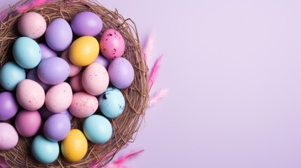 Fototapeta na wymiar a bird's nest filled with colored eggs on a purple and pink background with a pink feather on the left side of the nest and a pink feather on the right side of the.