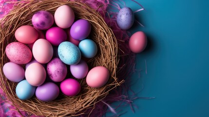 Fototapeta na wymiar a bird's nest filled with colored eggs on a blue and pink background with a few pink and blue speckled eggs in the center of the nest,.