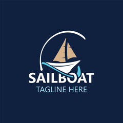 Sailboat vintage logo minimalist with wave, travel yacth or sailing boat vector design