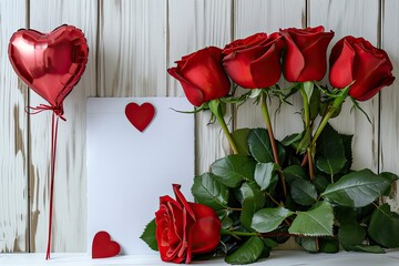 Red roses, red hearts, red balloon and valentines card on a white table and vintage wooden wall. 