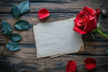 Valentine day photo with blank sheet of paper on wooden vintage table. 