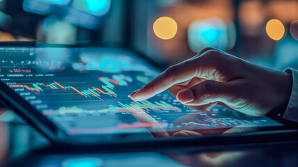 Close-up of hand analyzing financial data on tablet. Modern trading concept.