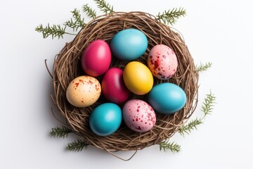 Fototapeta na wymiar a bird's nest filled with colored eggs on a white surface with a sprig of green leaves on the side of the nest and a white background.