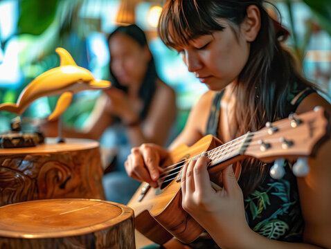 Woman plays ukulele, girl tunes mini guitar before concert