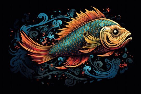  a drawing of a goldfish on a black background with blue and orange swirls on the bottom and bottom of the fish's head and bottom part of its body.