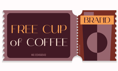 Free coffee cup voucher template.Gift voucher coupon coffee cafe.Hot beverage for free.Promotion,happy hour,opening concept with number and place.Vector illustration EPS 10.