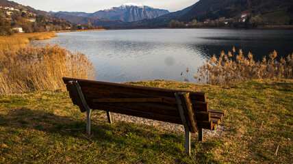 Obraz premium Panorama of Endine Lake , the lake is located near Bergamo in Cavallina Valley , Italy Lombardy.