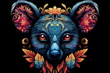  a painting of a bear's head with flowers and leaves on it's head, painted in blue, red, orange, yellow, and pink colors.