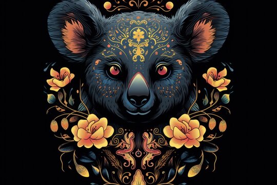  a black bear with yellow flowers on it's chest and a black background with orange and yellow flowers on it's chest and a black background with orange and yellow flowers.