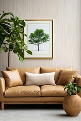 Minimalist living room interior with brown leather sofa and tree painting