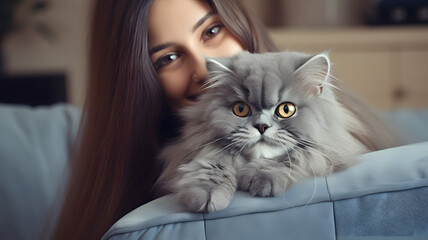 Happy young american woman hugging cute grey persian cat on couch in living room at home, Adorable domestic pet concept