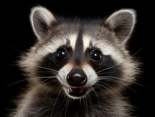 Close-up portrait of a beautiful young raccoon isolated on black background