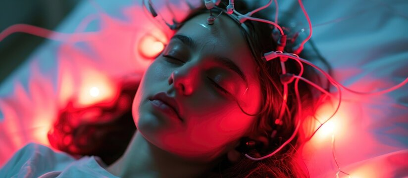 A girl is testing her brain activity by sleeping while wearing EEG electrodes.