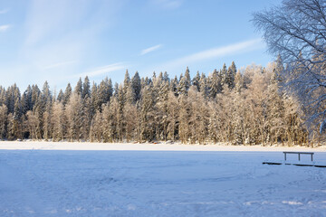 Very cold  January winter day scenery (-21ºC). Sun is shining just above horizon. 