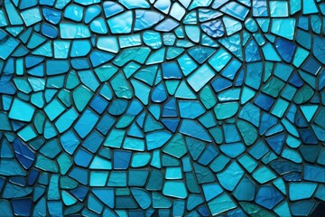  a close up of a wall made up of many different colors of glass mosaic tiles with a blue tint to the left of the top of the image and a blue tint to the bottom of the wall.