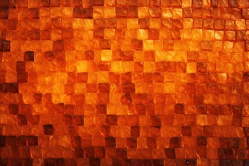  a close up of a wall made up of small squares of orange and yellow squares of varying sizes and shapes with a black dot in the middle of the middle. - obrazy, fototapety, plakaty